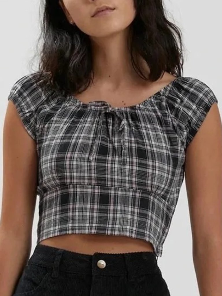 Afends Mina Hemp Check Top - Concrete - Size Medium